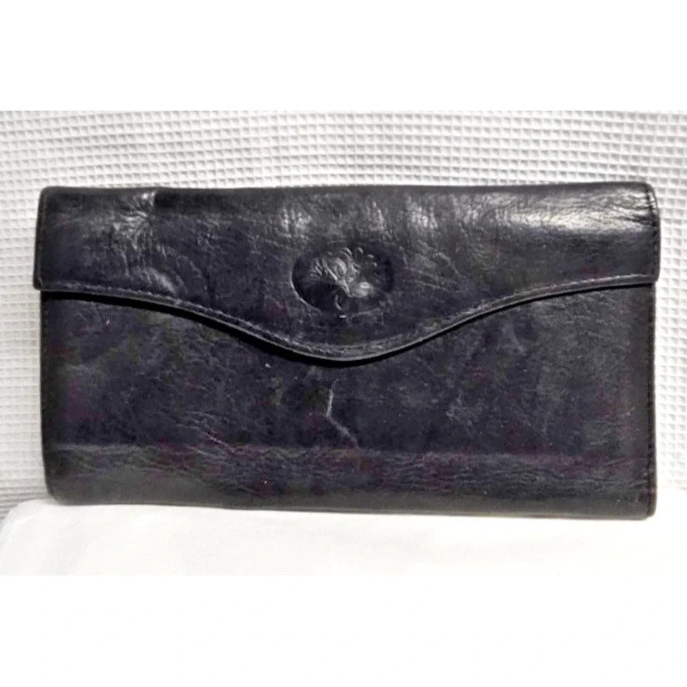 Vintage BUXTON black leather kiss lock purse‎ woman long wallet  7.25x4x0.5